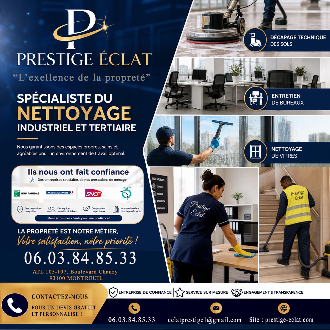 Prestige Éclat — Affiche de présentation : spécialiste du nettoyage industriel et tertiaire